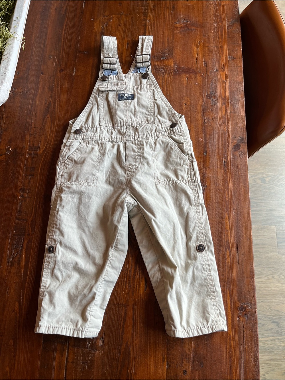 OshKosh B'gosh Classic Vestbak Overalls | Tan Khaki Canvas Cotton I Size 18M
